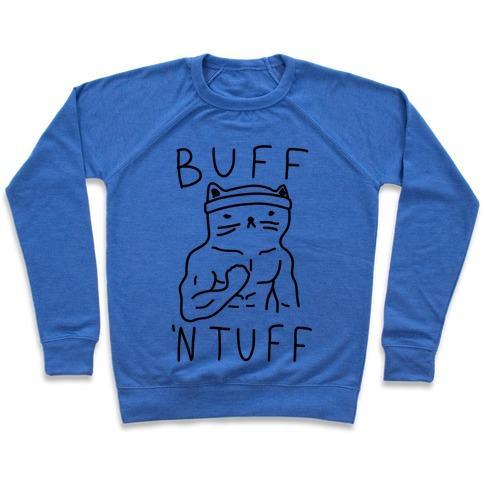 Virgin Teez  Pullover Crewneck Sweatshirt / x-small / Heathered Blue BUFF 'N TUFF CAT CREWNECK SWEATSHIRT