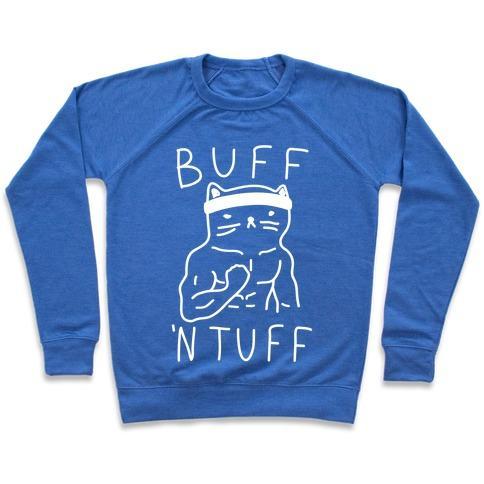 Virgin Teez  Pullover Crewneck Sweatshirt / x-small / Heathered Blue BUFF 'N TUFF CAT CREWNECK SWEATSHIRT