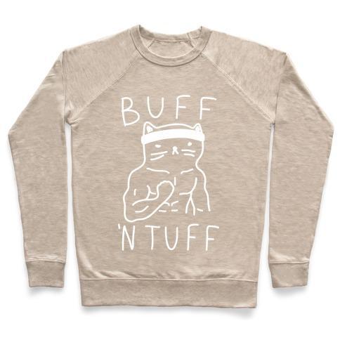 Virgin Teez  Pullover Crewneck Sweatshirt / x-small / Heathered Oatmeal BUFF 'N TUFF CAT CREWNECK SWEATSHIRT