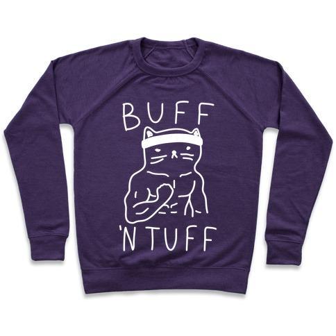 Virgin Teez  Pullover Crewneck Sweatshirt / x-small / Purple BUFF 'N TUFF CAT CREWNECK SWEATSHIRT