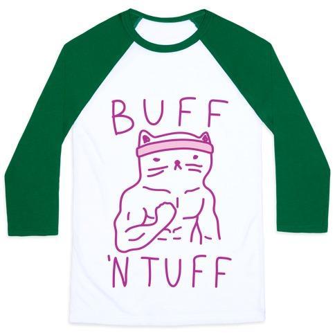Virgin Teez  Baseball Tee Unisex Classic Baseball Tee / x-small / White/Dark Green BUFF 'N TUFF CAT UNISEX CLASSIC BASEBALL TEE
