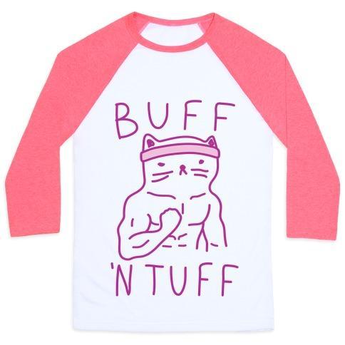 Virgin Teez  Baseball Tee Unisex Classic Baseball Tee / x-small / White/Neon Pink BUFF 'N TUFF CAT UNISEX CLASSIC BASEBALL TEE