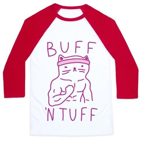 Virgin Teez  Baseball Tee Unisex Classic Baseball Tee / x-small / White/Red BUFF 'N TUFF CAT UNISEX CLASSIC BASEBALL TEE