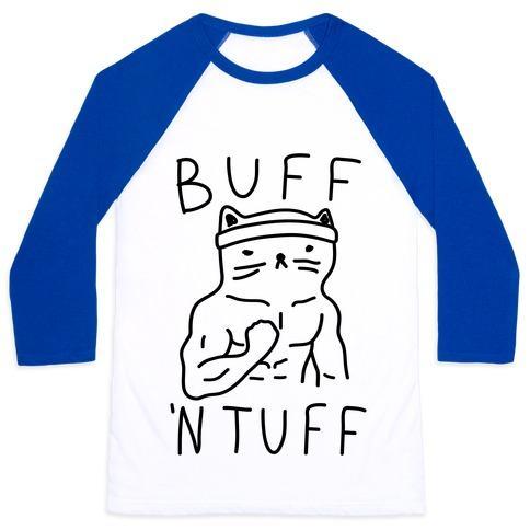 Virgin Teez  Baseball Tee Unisex Classic Baseball Tee / x-small / White/Blue BUFF 'N TUFF CAT UNISEX CLASSIC BASEBALL TEE