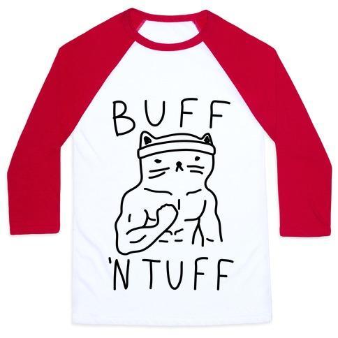 Virgin Teez  Baseball Tee Unisex Classic Baseball Tee / x-small / White/Red BUFF 'N TUFF CAT UNISEX CLASSIC BASEBALL TEE