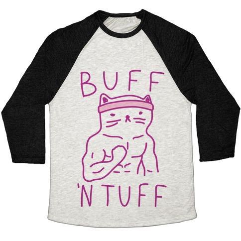 Virgin Teez  Baseball Tee Unisex Tri-Blend Baseball Tee / small / Oatmeal / Black BUFF 'N TUFF CAT UNISEX TRI-BLEND BASEBALL TEE