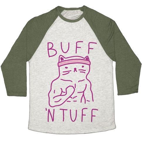 Virgin Teez  Baseball Tee Unisex Tri-Blend Baseball Tee / small / Oatmeal / Moss BUFF 'N TUFF CAT UNISEX TRI-BLEND BASEBALL TEE