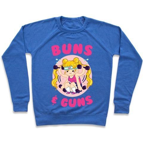 Virgin Teez  Pullover Crewneck Sweatshirt / x-small / Heathered Blue BUNS & GUNS CREWNECK SWEATSHIRT
