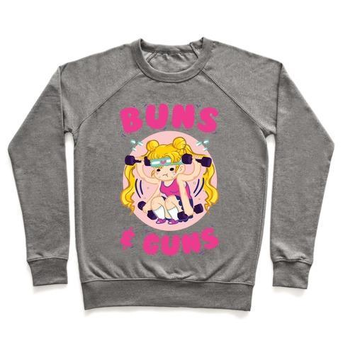 Virgin Teez  Pullover Crewneck Sweatshirt / x-small / Heathered Gray BUNS & GUNS CREWNECK SWEATSHIRT