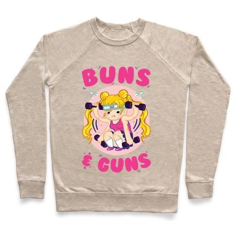 Virgin Teez  Pullover Crewneck Sweatshirt / x-small / Heathered Oatmeal BUNS & GUNS CREWNECK SWEATSHIRT