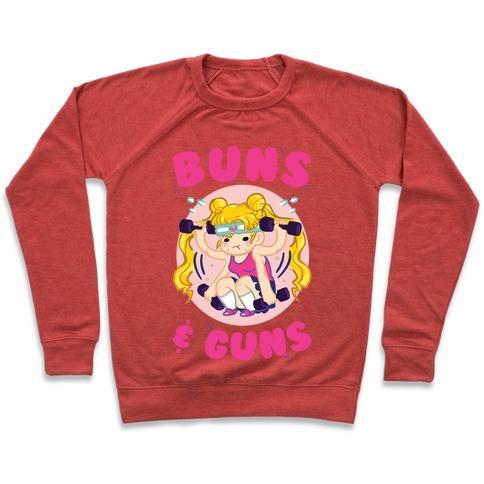 Virgin Teez  Pullover Crewneck Sweatshirt / x-small / Heathered Red BUNS & GUNS CREWNECK SWEATSHIRT