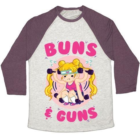 Virgin Teez  Baseball Tee Unisex Tri-Blend Baseball Tee / small / Oatmeal / Maroon BUNS & GUNS UNISEX TRI-BLEND BASEBALL TEE