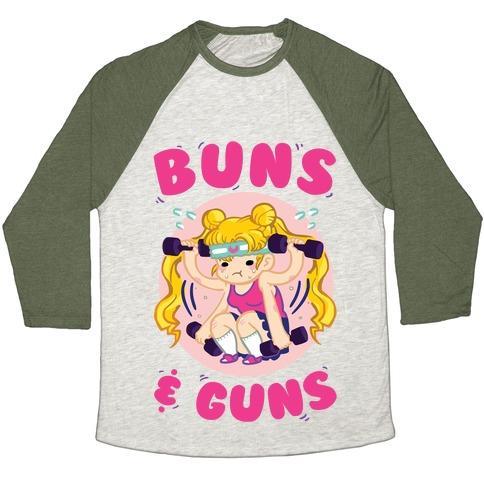 Virgin Teez  Baseball Tee Unisex Tri-Blend Baseball Tee / small / Oatmeal / Moss BUNS & GUNS UNISEX TRI-BLEND BASEBALL TEE