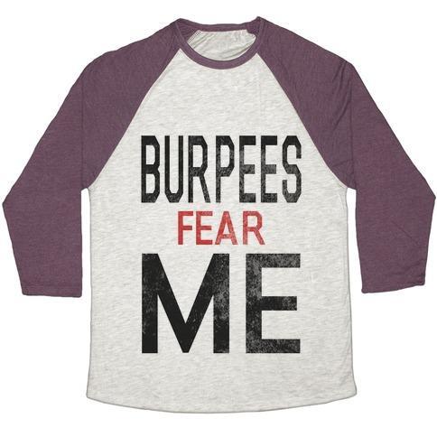 Virgin Teez  Baseball Tee Unisex Tri-Blend Baseball Tee / small / Oatmeal / Maroon BURPEES FEAR ME (TANK) UNISEX TRI-BLEND BASEBALL TEE