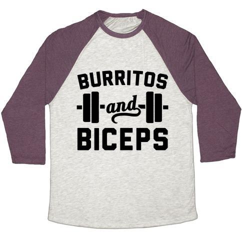 Virgin Teez  Baseball Tee Unisex Tri-Blend Baseball Tee / small / Oatmeal / Maroon BURRITOS AND BICEPS UNISEX TRI-BLEND BASEBALL TEE