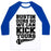 Virgin Teez  Baseball Tee Unisex Classic Baseball Tee / x-small / White/Blue BUSTIN OURS SO WE CAN KICK YOURS UNISEX CLASSIC BASEBALL TEE