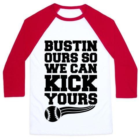 Virgin Teez  Baseball Tee Unisex Classic Baseball Tee / x-small / White/Red BUSTIN OURS SO WE CAN KICK YOURS UNISEX CLASSIC BASEBALL TEE