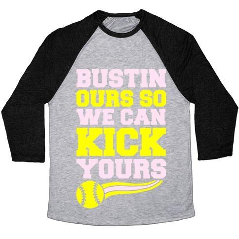 Virgin Teez  Baseball Tee Unisex Tri-Blend Baseball Tee / small / Athletic Gray / Black BUSTIN OURS SO WE CAN KICK YOURS UNISEX TRI-BLEND BASEBALL TEE