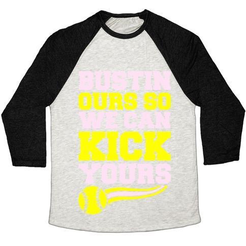 Virgin Teez  Baseball Tee Unisex Tri-Blend Baseball Tee / small / Oatmeal / Black BUSTIN OURS SO WE CAN KICK YOURS UNISEX TRI-BLEND BASEBALL TEE