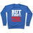 Virgin Teez  Pullover Crewneck Sweatshirt / x-small / Heathered Blue BUT FIRST PRE-WORKOUT WHITE PRINT CREWNECK SWEATSHIRT