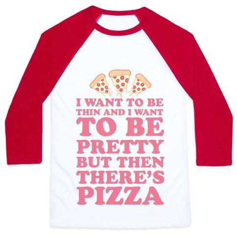 Virgin Teez  Baseball Tee Unisex Classic Baseball Tee / x-small / White/Red BUT THEN THERE'S PIZZA UNISEX CLASSIC BASEBALL TEE