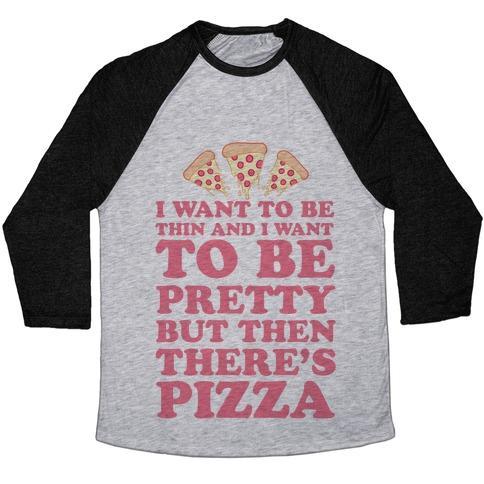 Virgin Teez  Baseball Tee Unisex Tri-Blend Baseball Tee / small / Athletic Gray / Black BUT THEN THERE'S PIZZA UNISEX TRI-BLEND BASEBALL TEE