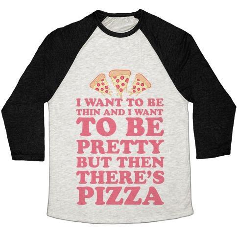 Virgin Teez  Baseball Tee Unisex Tri-Blend Baseball Tee / small / Oatmeal / Black BUT THEN THERE'S PIZZA UNISEX TRI-BLEND BASEBALL TEE