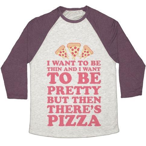 Virgin Teez  Baseball Tee Unisex Tri-Blend Baseball Tee / small / Oatmeal / Maroon BUT THEN THERE'S PIZZA UNISEX TRI-BLEND BASEBALL TEE