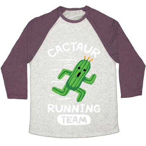 Virgin Teez  Baseball Tee Unisex Tri-Blend Baseball Tee / small / Oatmeal / Maroon CACTAUR RUNNING TEAM UNISEX TRI-BLEND BASEBALL TEE