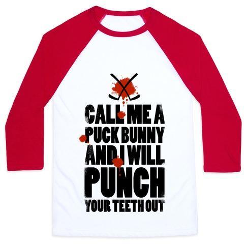 Virgin Teez  Baseball Tee Unisex Classic Baseball Tee / x-small / White/Red CALL ME A PUCK BUNNY AND I WILL PUNCH YOUR TEETH OUT UNISEX CLASSIC BASEBALL TEE