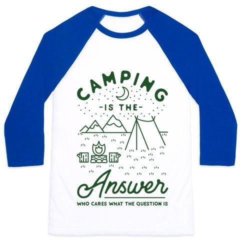 Virgin Teez  Baseball Tee Unisex Classic Baseball Tee / x-small / White/Blue CAMPING IS THE ANSWER UNISEX CLASSIC BASEBALL TEE