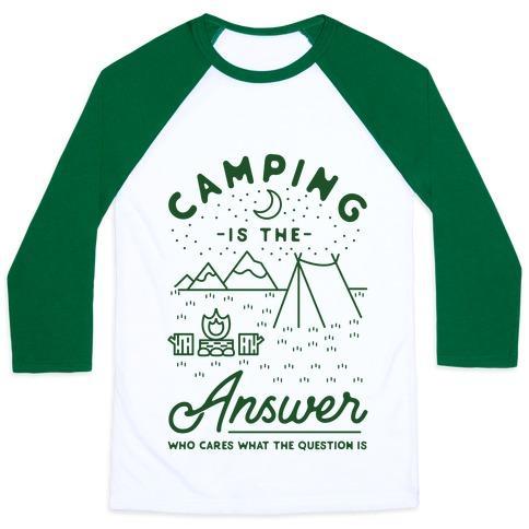 Virgin Teez  Baseball Tee Unisex Classic Baseball Tee / x-small / White/Dark Green CAMPING IS THE ANSWER UNISEX CLASSIC BASEBALL TEE
