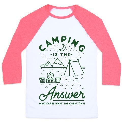 Virgin Teez  Baseball Tee Unisex Classic Baseball Tee / x-small / White/Neon Pink CAMPING IS THE ANSWER UNISEX CLASSIC BASEBALL TEE