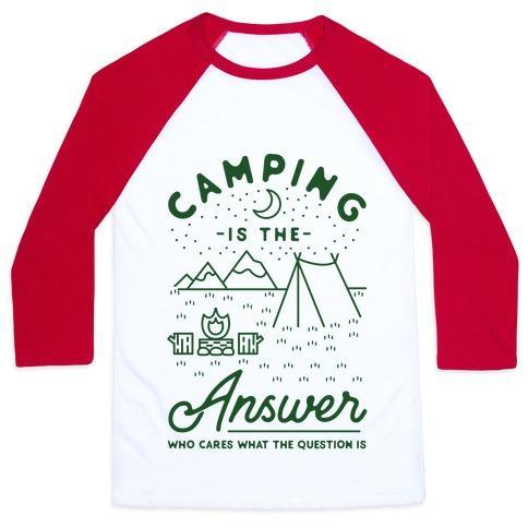 Virgin Teez  Baseball Tee Unisex Classic Baseball Tee / x-small / White/Red CAMPING IS THE ANSWER UNISEX CLASSIC BASEBALL TEE