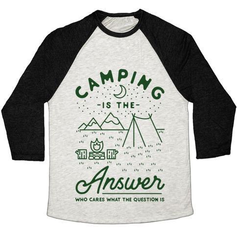 Virgin Teez  Baseball Tee Unisex Tri-Blend Baseball Tee / small / Oatmeal / Black CAMPING IS THE ANSWER UNISEX TRI-BLEND BASEBALL TEE
