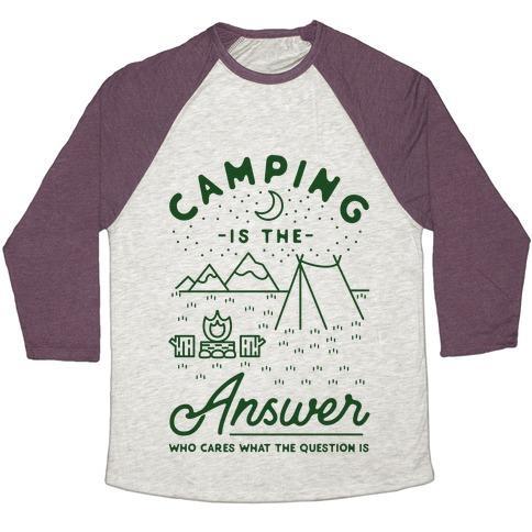 Virgin Teez  Baseball Tee Unisex Tri-Blend Baseball Tee / small / Oatmeal / Maroon CAMPING IS THE ANSWER UNISEX TRI-BLEND BASEBALL TEE