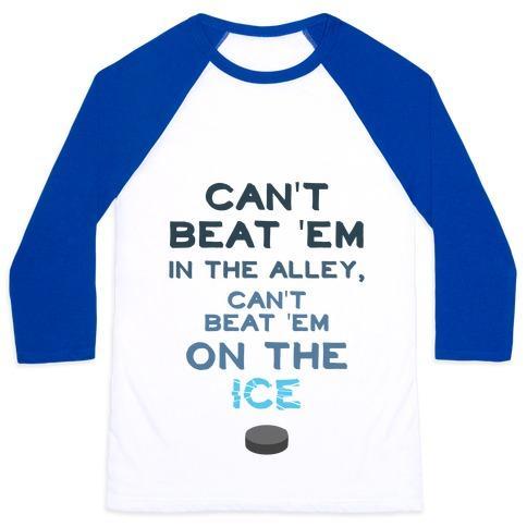 Virgin Teez  Baseball Tee Unisex Classic Baseball Tee / x-small / White/Blue CAN'T BEAT 'EM ON THE ICE UNISEX CLASSIC BASEBALL TEE