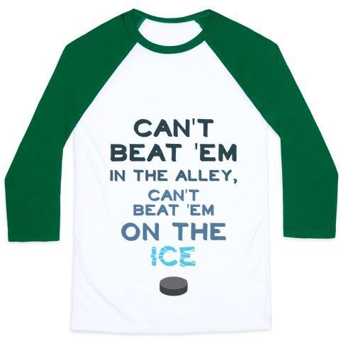 Virgin Teez  Baseball Tee Unisex Classic Baseball Tee / x-small / White/Dark Green CAN'T BEAT 'EM ON THE ICE UNISEX CLASSIC BASEBALL TEE