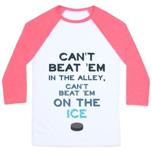 Virgin Teez  Baseball Tee Unisex Classic Baseball Tee / x-small / White/Neon Pink CAN'T BEAT 'EM ON THE ICE UNISEX CLASSIC BASEBALL TEE