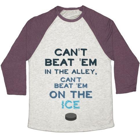 Virgin Teez  Baseball Tee Unisex Tri-Blend Baseball Tee / small / Oatmeal / Maroon CAN'T BEAT 'EM ON THE ICE UNISEX TRI-BLEND BASEBALL TEE
