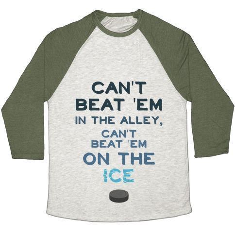 Virgin Teez  Baseball Tee Unisex Tri-Blend Baseball Tee / small / Oatmeal / Moss CAN'T BEAT 'EM ON THE ICE UNISEX TRI-BLEND BASEBALL TEE