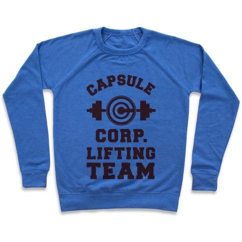 Virgin Teez  Pullover Crewneck Sweatshirt / x-small / Heathered Blue CAPSULE CORP. LIFTING TEAM CREWNECK SWEATSHIRT