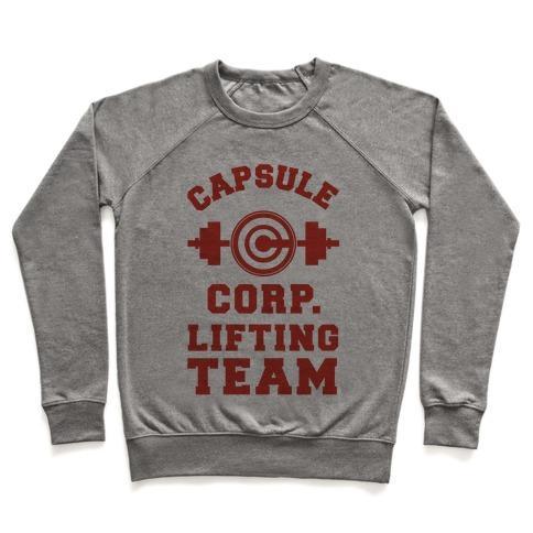 Virgin Teez  Pullover Crewneck Sweatshirt / x-small / Heathered Gray CAPSULE CORP. LIFTING TEAM CREWNECK SWEATSHIRT