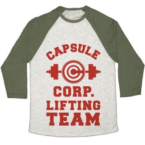 Virgin Teez  Baseball Tee Unisex Tri-Blend Baseball Tee / small / Oatmeal / Moss CAPSULE CORP. LIFTING TEAM UNISEX TRI-BLEND BASEBALL TEE