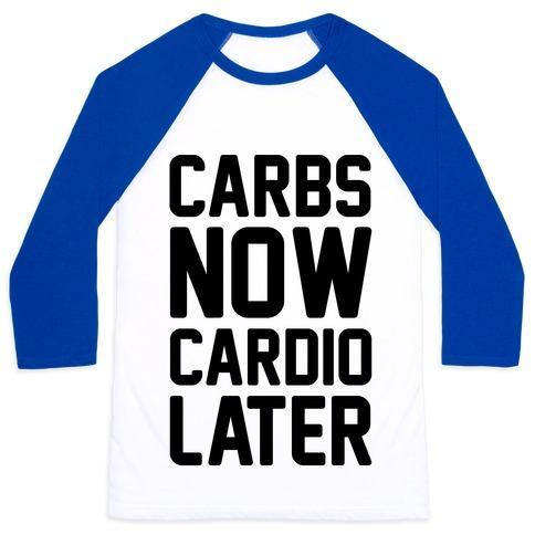 Virgin Teez  Baseball Tee Unisex Classic Baseball Tee / x-small / White/Blue CARBS NOW CARDIO LATER UNISEX CLASSIC BASEBALL TEE
