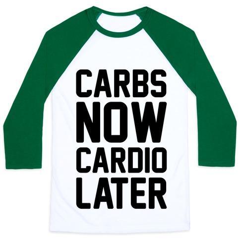 Virgin Teez  Baseball Tee Unisex Classic Baseball Tee / x-small / White/Dark Green CARBS NOW CARDIO LATER UNISEX CLASSIC BASEBALL TEE
