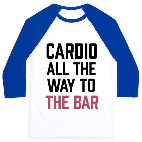 Virgin Teez  Baseball Tee Unisex Classic Baseball Tee / x-small / White/Blue CARDIO ALL THE WAY TO THE BAR UNISEX CLASSIC BASEBALL TEE