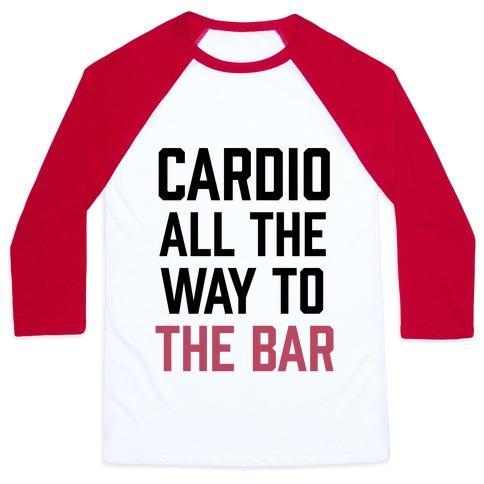 Virgin Teez  Baseball Tee Unisex Classic Baseball Tee / x-small / White/Red CARDIO ALL THE WAY TO THE BAR UNISEX CLASSIC BASEBALL TEE