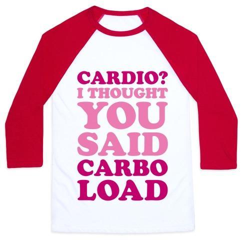 Virgin Teez  Baseball Tee Unisex Classic Baseball Tee / x-small / White/Red CARDIO I THOUGHT YOU SAID CARBO LOAD UNISEX CLASSIC BASEBALL TEE