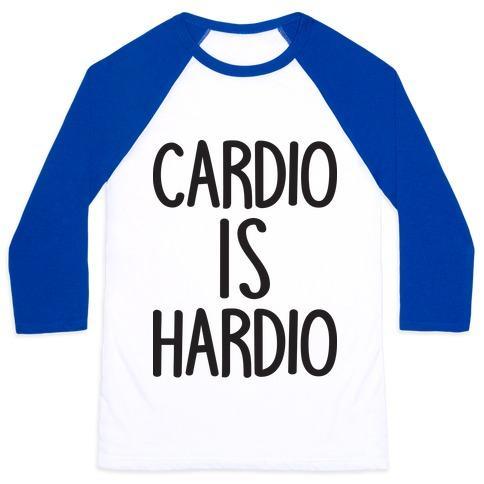 Virgin Teez  Baseball Tee Unisex Classic Baseball Tee / x-small / White/Blue CARDIO IS HARDIO UNISEX CLASSIC BASEBALL TEE